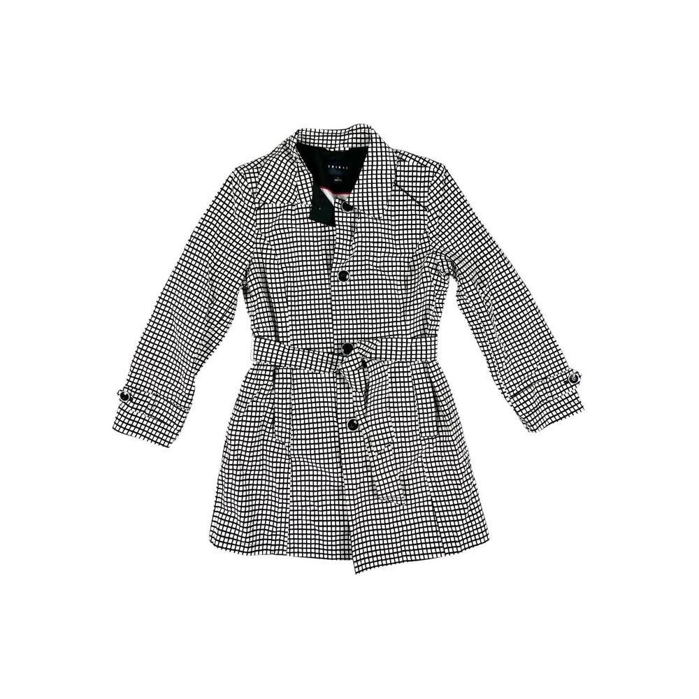 Tribal Check Belted Trench Coat Jacket Black White Size Large